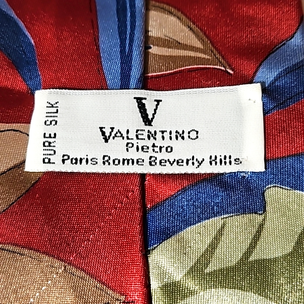 Men's Silk - Valentino Pietro - Wine, Blue, Tan & Green Leave Print Tie
